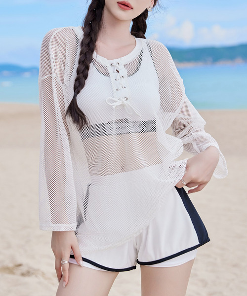 セール】レディース水着 長袖メッシュトップス+スポーティーロゴ