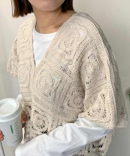 CRB（シーアールビー）の「かぎ編みレーストップス（ニット/セーター・レディース・ブラック/ベージュ/オフホワイト・F）」の5枚目の写真