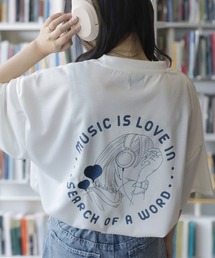 【0】ハート刺繍&ガールイラスト LOVE MUSIC ビッグシルエット プリントTシャツ/接触冷感