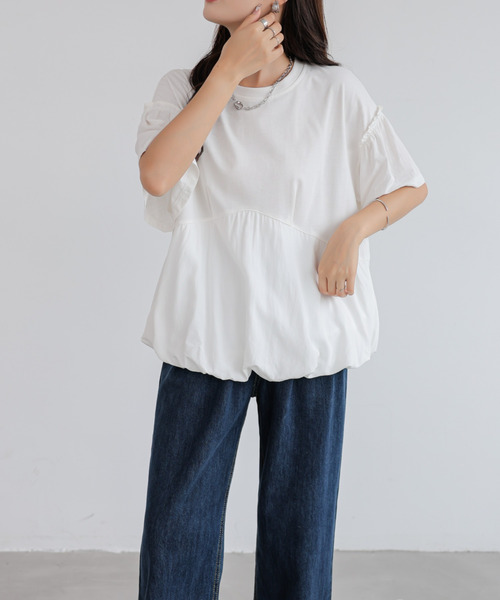 BANNER SELECT(バナーセレクト)の「異素材切り替えTEE(Tシャツ/カットソー・レディース・ホワイト/ブルー/ベージュ/グリーン・FREE)」の2枚目の写真