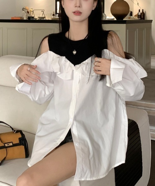 Sibra(シブラ)の「配色フリルブラウス(シャツ/ブラウス・レディース・モカ/ホワイト・M)」の6枚目の写真