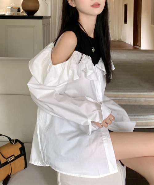 Sibra(シブラ)の「配色フリルブラウス(シャツ/ブラウス・レディース・モカ/ホワイト・M)」の7枚目の写真