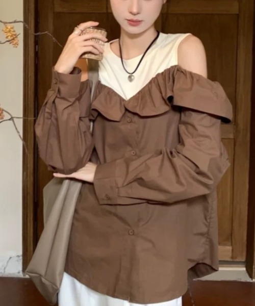 Sibra(シブラ)の「配色フリルブラウス(シャツ/ブラウス・レディース・モカ/ホワイト・M)」の12枚目の写真