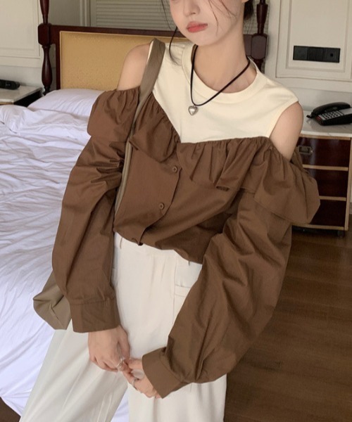 Sibra(シブラ)の「配色フリルブラウス(シャツ/ブラウス・レディース・モカ/ホワイト・M)」の13枚目の写真