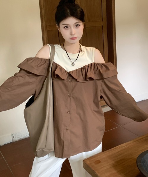 Sibra(シブラ)の「配色フリルブラウス(シャツ/ブラウス・レディース・モカ/ホワイト・M)」の16枚目の写真