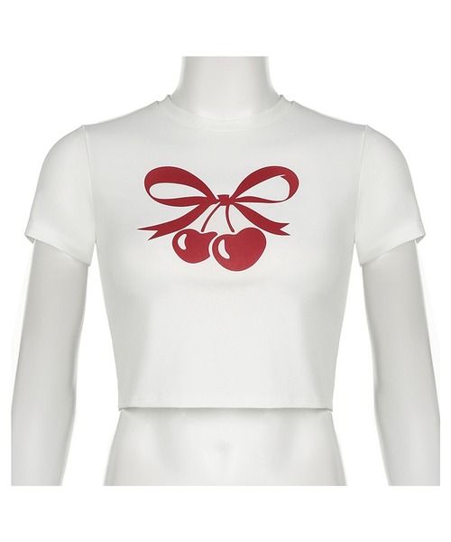 GLAMOROUS JANE(グラマラスジェーン)の「リボンチェリープリントショート丈Tシャツ(Tシャツ/カットソー・レディース・ブラック/ホワイト・FREE)」の6枚目の写真