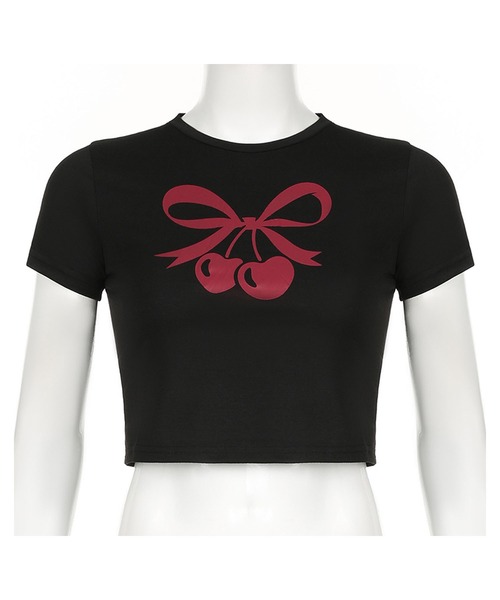 GLAMOROUS JANE(グラマラスジェーン)の「リボンチェリープリントショート丈Tシャツ(Tシャツ/カットソー・レディース・ブラック/ホワイト・FREE)」の12枚目の写真