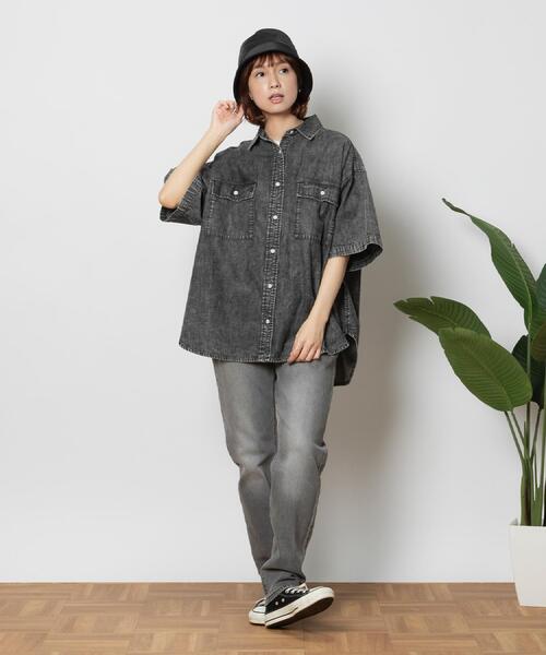BACK NUMBER(バックナンバー)の「BACK NUMBER(バックナンバー)ライトオンスデニム半袖ビッグシャツ(シャツ/ブラウス・レディース・ブラック・M/L/XL)」の18枚目の写真