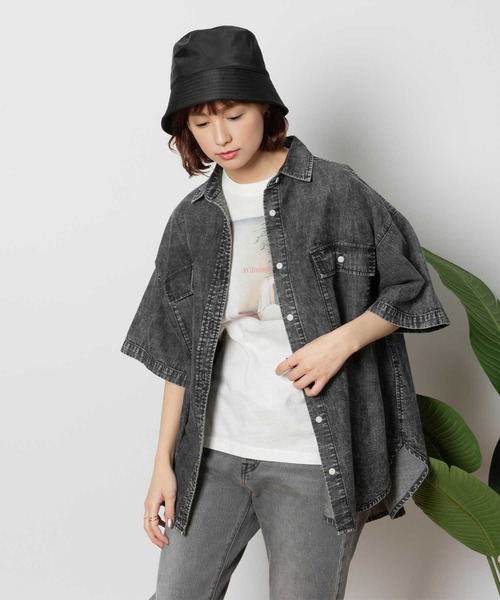 BACK NUMBER(バックナンバー)の「BACK NUMBER(バックナンバー)ライトオンスデニム半袖ビッグシャツ(シャツ/ブラウス・レディース・ブラック・M/L/XL)」の6枚目の写真