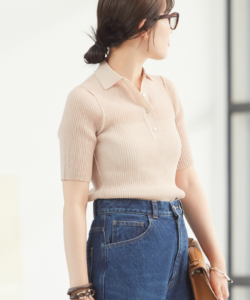 【18日までの掲載】SHEER RIB POLO ニット　グレー　plage plage（プラージュ）の「SHEER RIB POLO ニット（ニット