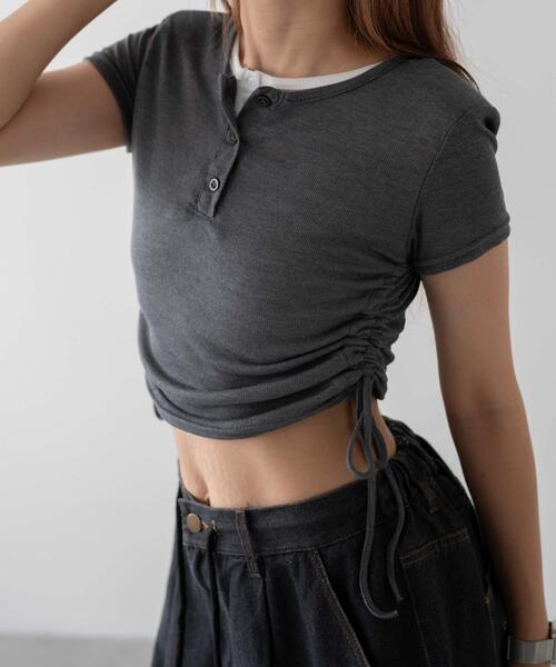 dispark（ディスパーク）の「DISPARK/サイドギャザーアンサンブル風T（アンサンブル・レディース・グレー/ブラック・FREE）」の2枚目の写真