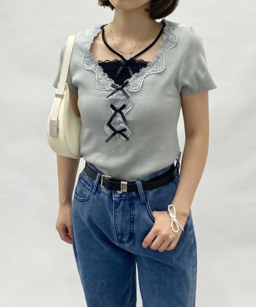 mebole(メボレ)の「フェイクツーピースレースリボントップス(Tシャツ/カットソー・レディース・グレー/ブルー・FREE)」の2枚目の写真
