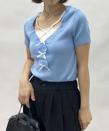 フェイクツーピースレースリボントップス