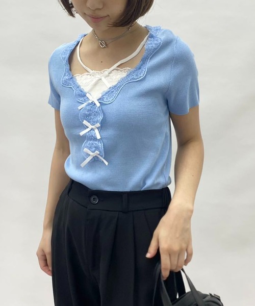 mebole(メボレ)の「フェイクツーピースレースリボントップス(Tシャツ/カットソー・レディース・グレー/ブルー・FREE)」の18枚目の写真