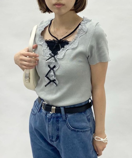 mebole(メボレ)の「フェイクツーピースレースリボントップス(Tシャツ/カットソー・レディース・グレー/ブルー・FREE)」の3枚目の写真