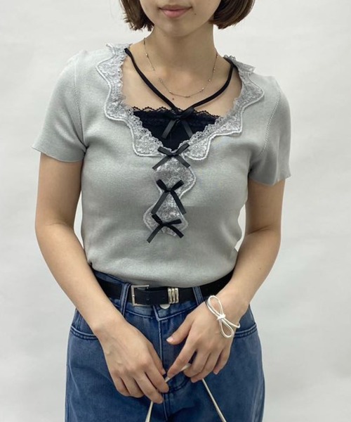 mebole(メボレ)の「フェイクツーピースレースリボントップス(Tシャツ/カットソー・レディース・グレー/ブルー・FREE)」の4枚目の写真