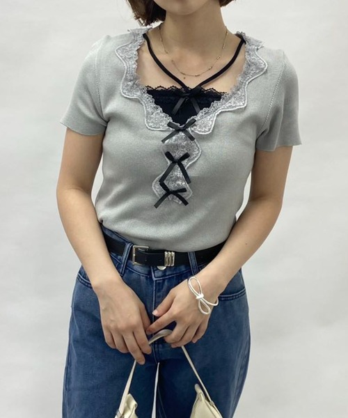 mebole(メボレ)の「フェイクツーピースレースリボントップス(Tシャツ/カットソー・レディース・グレー/ブルー・FREE)」の5枚目の写真