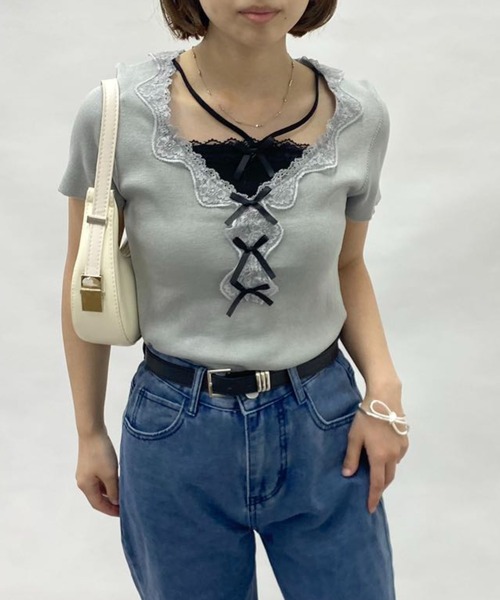 mebole(メボレ)の「フェイクツーピースレースリボントップス(Tシャツ/カットソー・レディース・グレー/ブルー・FREE)」の6枚目の写真