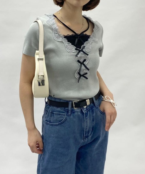 mebole(メボレ)の「フェイクツーピースレースリボントップス(Tシャツ/カットソー・レディース・グレー/ブルー・FREE)」の7枚目の写真