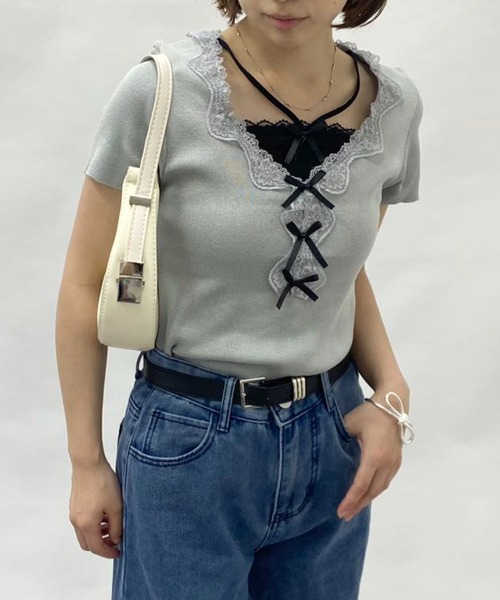 mebole(メボレ)の「フェイクツーピースレースリボントップス(Tシャツ/カットソー・レディース・グレー/ブルー・FREE)」の8枚目の写真