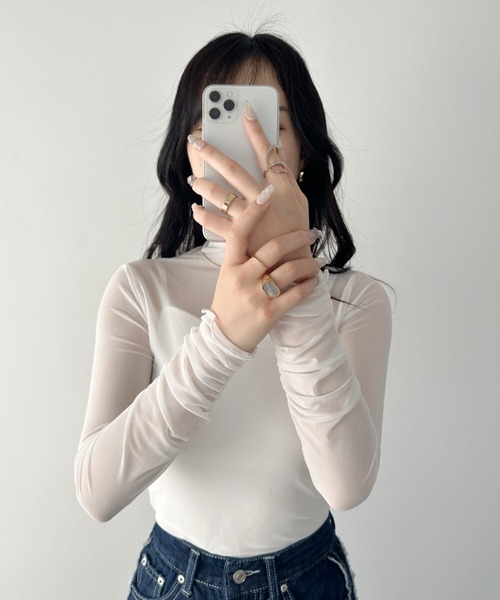 wears（ウェアーズ）の「shirring mellow sheer tops／袖シャーリング タイダイ柄 メロウハイネックシアーインナートップス（Tシャツ/カットソー・レディース・ダークグレー/モカ/ネイビー/オレンジ/パープル/グリーン/ライトグレー/ピンク/ホワイト/ブラック/アイボリー/カーキ/ピンクベージュ/ブラック系その他・FREE）」の2枚目の写真