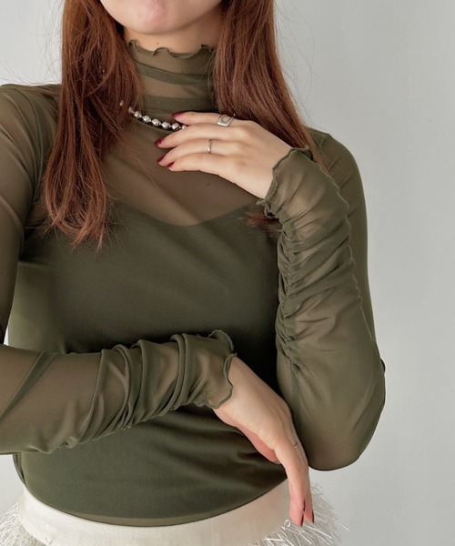 wears（ウェアーズ）の「shirring mellow sheer tops／袖シャーリング タイダイ柄 メロウハイネックシアーインナートップス（Tシャツ/カットソー・レディース・ダークグレー/モカ/ネイビー/オレンジ/パープル/グリーン/ライトグレー/ピンク/ホワイト/ブラック/アイボリー/カーキ/ピンクベージュ/ブラック系その他・FREE）」の9枚目の写真