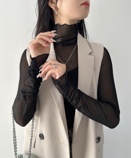 wears（ウェアーズ）の「shirring mellow sheer tops／袖シャーリング タイダイ柄 メロウハイネックシアーインナートップス（Tシャツ/カットソー・レディース・ダークグレー/モカ/ネイビー/オレンジ/パープル/グリーン/ライトグレー/ピンク/ホワイト/ブラック/アイボリー/カーキ/ピンクベージュ/ブラック系その他・FREE）」の4枚目の写真