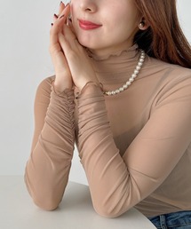 shirring mellow sheer tops/袖シャーリング タイダイ柄 メロウハイネックシアーインナートップス