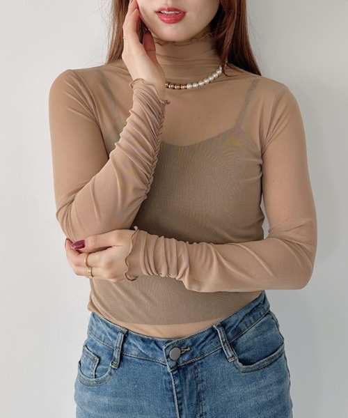 wears（ウェアーズ）の「shirring mellow sheer tops／袖シャーリング タイダイ柄 メロウハイネックシアーインナートップス（Tシャツ/カットソー・レディース・ダークグレー/モカ/ネイビー/オレンジ/パープル/グリーン/ライトグレー/ピンク/ホワイト/ブラック/アイボリー/カーキ/ピンクベージュ/ブラック系その他・FREE）」の21枚目の写真