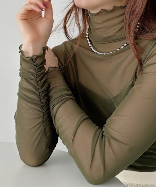 wears（ウェアーズ）の「shirring mellow sheer tops／袖シャーリング タイダイ柄 メロウハイネックシアーインナートップス（Tシャツ/カットソー・レディース・ダークグレー/モカ/ネイビー/オレンジ/パープル/グリーン/ライトグレー/ピンク/ホワイト/ブラック/アイボリー/カーキ/ピンクベージュ/ブラック系その他・FREE）」の18枚目の写真