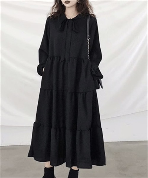 Dream garden(ドリームガーデン)の「ボウタイ襟 ティアードワンピース(ワンピース・レディース・ブラック・2XL/XL/L/M/S)」の4枚目の写真