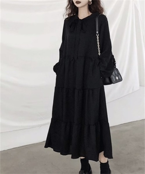 Dream garden(ドリームガーデン)の「ボウタイ襟 ティアードワンピース(ワンピース・レディース・ブラック・2XL/XL/L/M/S)」の6枚目の写真