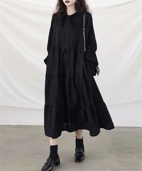 Dream garden(ドリームガーデン)の「ボウタイ襟 ティアードワンピース(ワンピース・レディース・ブラック・2XL/XL/L/M/S)」の9枚目の写真