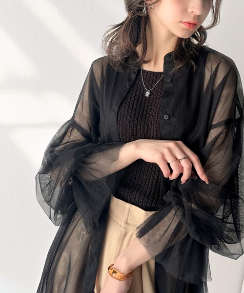シースルーレイヤードチュールシャツ セール】エレガントなシアー素材が大人の魅力を引き立てる。前後2way