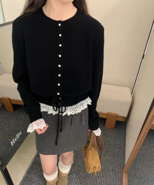 by muni:r（バイ ムニール）の「[NEWカラー追加！][お気に入り登録数17,000突破！]パールレースストリングニットカーディガン（ニット/セーター・レディース・アイボリー/グレー/ブラック/スカイブルー・FREE）」の3枚目の写真