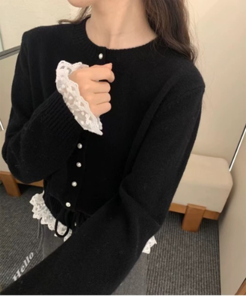 by muni:r（バイ ムニール）の「[NEWカラー追加！][お気に入り登録数17,000突破！]パールレースストリングニットカーディガン（ニット/セーター・レディース・アイボリー/グレー/ブラック/スカイブルー・FREE）」の9枚目の写真