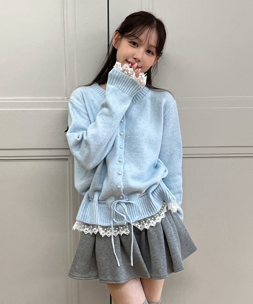 by muni:r（バイ ムニール）の「[NEWカラー追加！][お気に入り登録数17,000突破！]パールレースストリングニットカーディガン（ニット/セーター・レディース・アイボリー/グレー/ブラック/スカイブルー・FREE）」の13枚目の写真