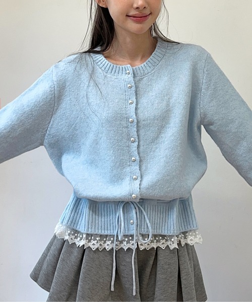 by muni:r（バイ ムニール）の「[NEWカラー追加！][お気に入り登録数17,000突破！]パールレースストリングニットカーディガン（ニット/セーター・レディース・アイボリー/グレー/ブラック/スカイブルー・FREE）」の18枚目の写真