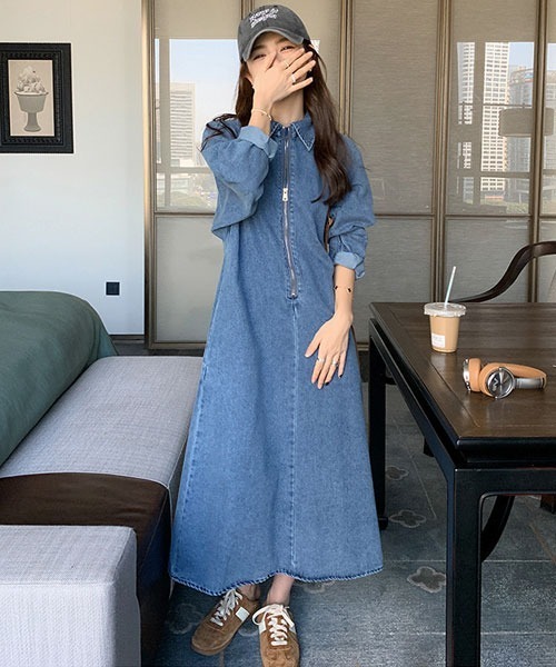 urge：（アージコロン ）の「【URGE：】デニム シャツ 長袖 ハーフ ジップアップ ワンピース（ワンピース・レディース・ブルー・X-LARGE/LARGE/MEDIUM）」の3枚目の写真