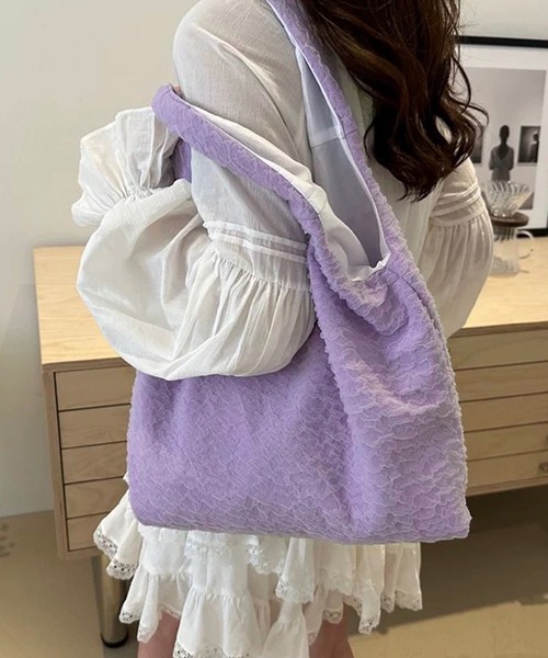 shopnikoniko(ショップニコニコ)の「トートバッグ A4 ふくれジャガード チュールレース パステルカラー(トートバッグ・レディース・ブルー/ブラック/ピンク/ホワイト/パープル・フリー)」の5枚目の写真