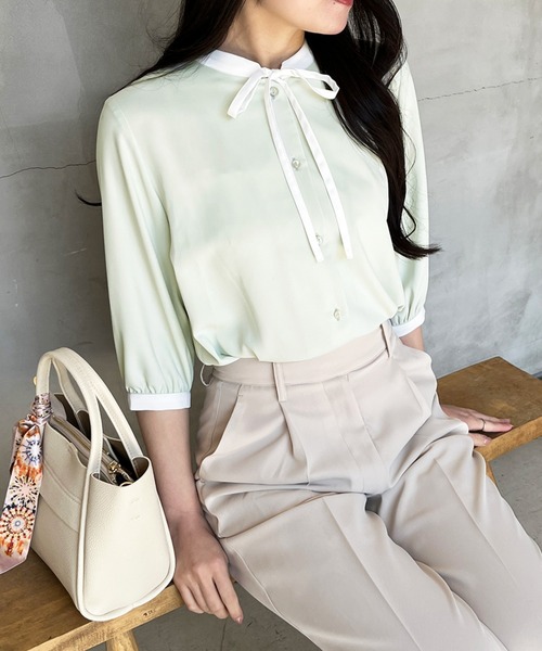 MISCH MASCH(ミッシュマッシュ)の「ZOZO限定 配色リボンブラウス(シャツ/ブラウス・レディース・ホワイト/ライトグリーン/ネイビー・フリ-)」の6枚目の写真