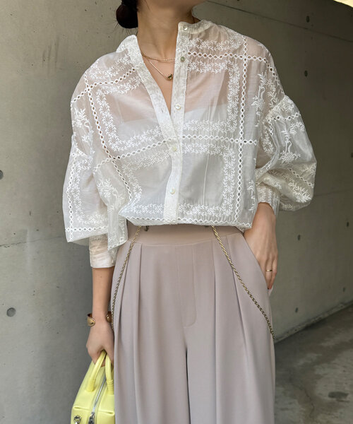 売約済み 完売品　DouDou 刺繍レーストップス DouDou シャツ ブラウス 長袖刺繍レーストップス レディース