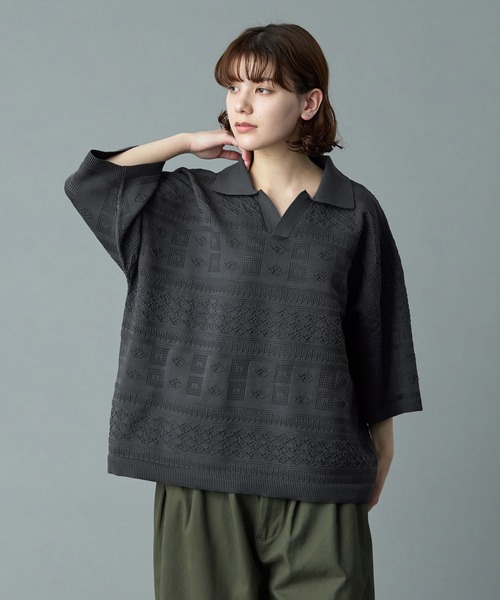YOKE24ss SKIPPER POLO SHIRTメッシュニットポロシャツ2 YOKE | BORDER MESH KNIT SKIPPER POLO SHIRT(NAVY×BEIGE