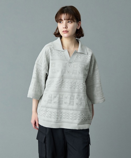 RUUBON geo mesh skipper knit polo — поло‑футболка с геометрической сеткой