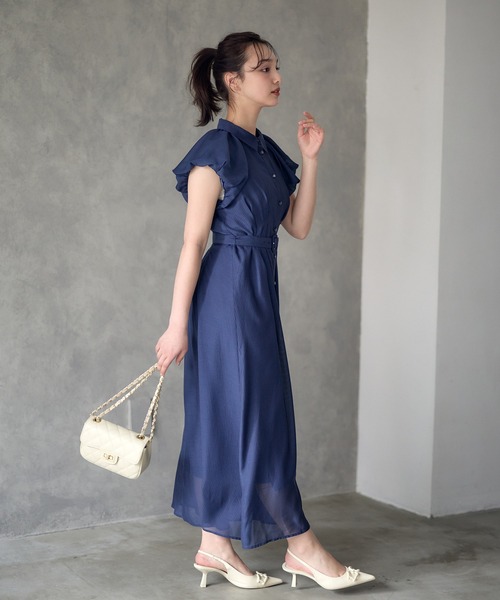 12Twelve Agenda 白　夏　ロングワンピース　バルーンスリーブ セール】シアーストライプバルーンスリーブシャツワンピース