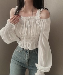 Y2K フリルリボンギャザーオフショルブラウス