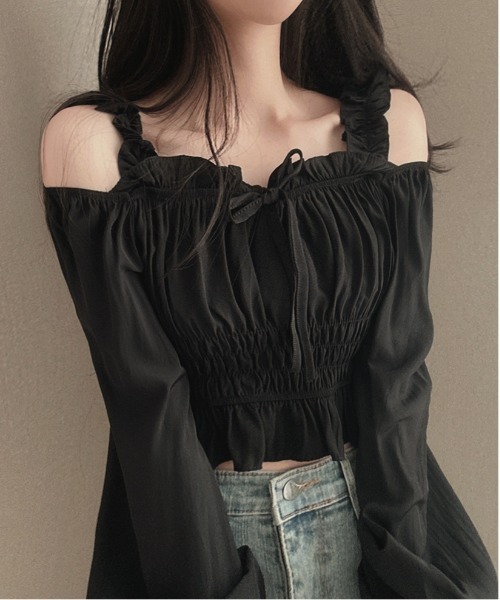 gossip！ロサンゼルス（ゴシップロサンゼルス）の「Y2K フリルリボンギャザーオフショルブラウス（Tシャツ/カットソー・レディース・ピンク/ホワイト/ブラック・FREE）」の2枚目の写真