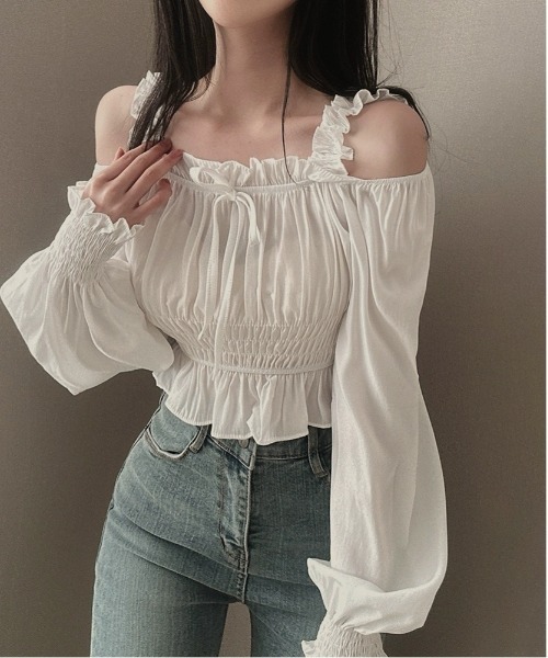 gossip！ロサンゼルス（ゴシップロサンゼルス）の「Y2K フリルリボンギャザーオフショルブラウス（Tシャツ/カットソー・レディース・ピンク/ホワイト/ブラック・FREE）」の14枚目の写真