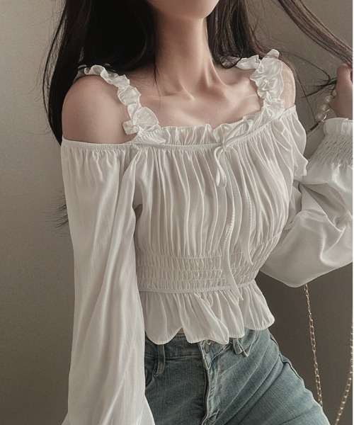 gossip！ロサンゼルス（ゴシップロサンゼルス）の「Y2K フリルリボンギャザーオフショルブラウス（Tシャツ/カットソー・レディース・ピンク/ホワイト/ブラック・FREE）」の15枚目の写真