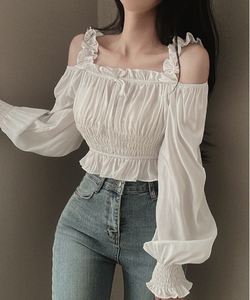 gossip！ロサンゼルス（ゴシップロサンゼルス）の「Y2K フリルリボンギャザーオフショルブラウス（Tシャツ/カットソー・レディース・ピンク/ホワイト/ブラック・FREE）」の16枚目の写真